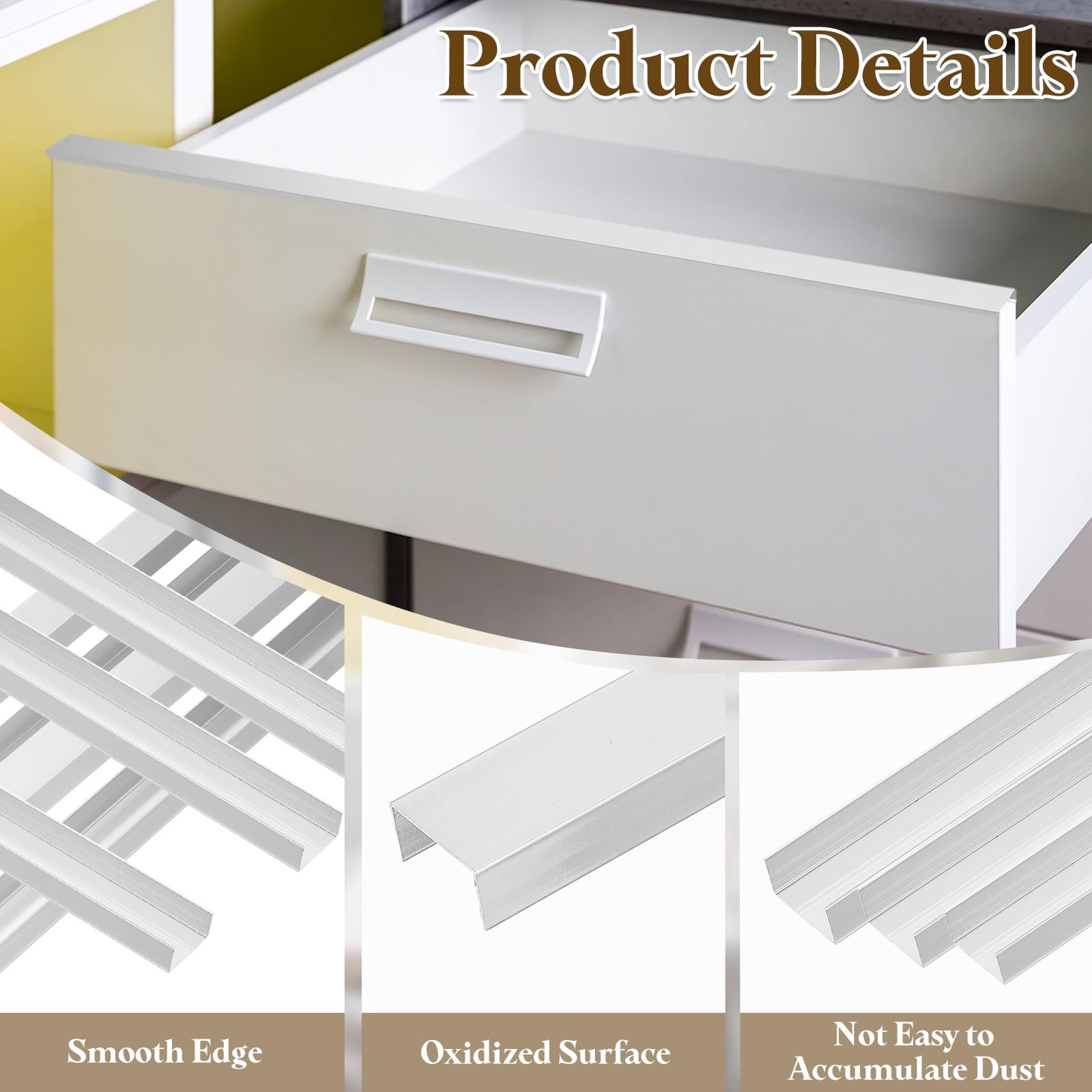 The uxcell aluminum alloy edge guard in grey matches cabinets and resists rust.
