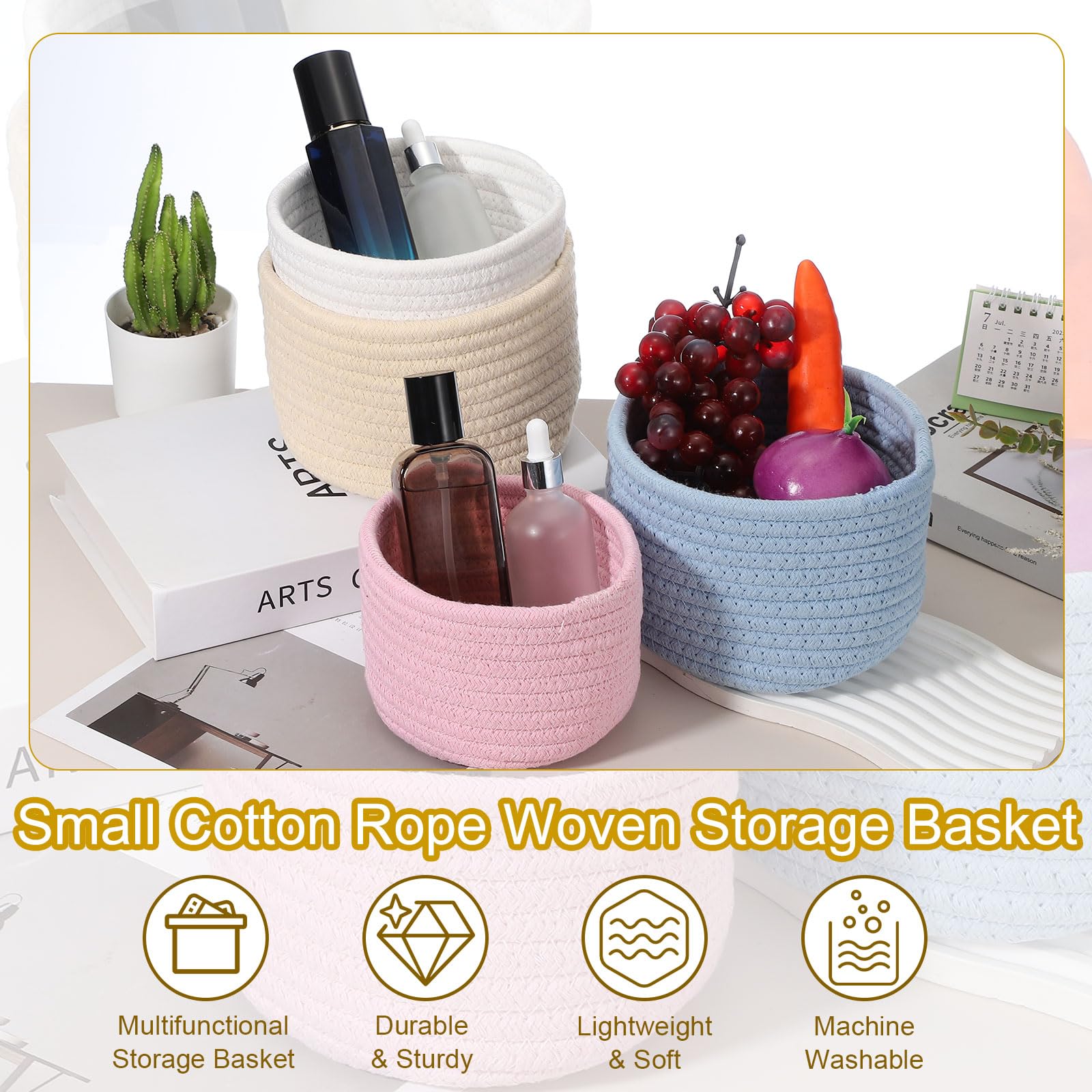 uxcell cotton rope basket on shelf holds cosmetics and toiletries neatly.