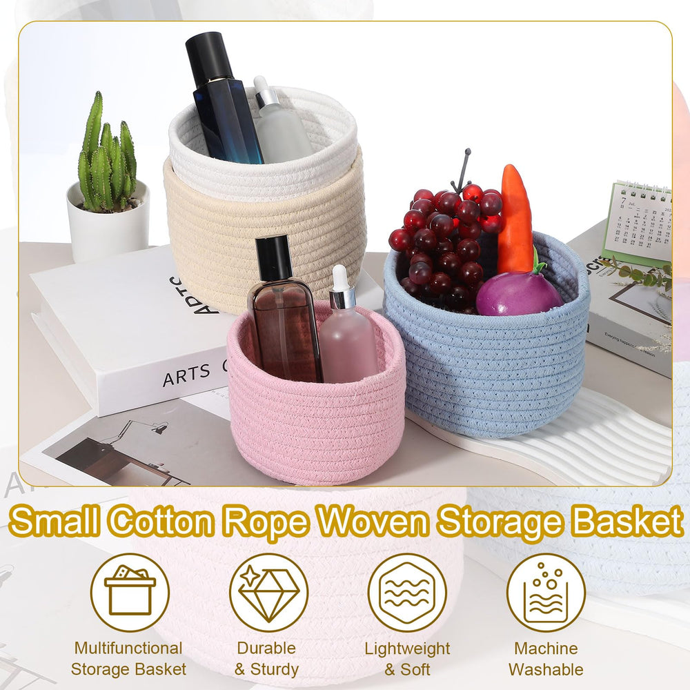 uxcell cotton rope basket on shelf holds cosmetics and toiletries neatly.