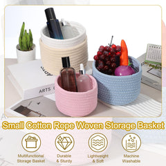 uxcell cotton rope basket on shelf holds cosmetics and toiletries neatly.