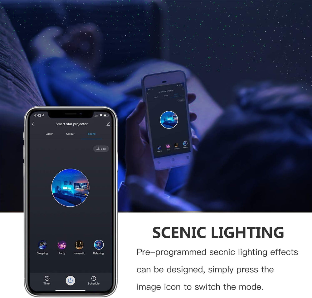 Nebula cloud projection sweeps across the room for a calming atmosphere.