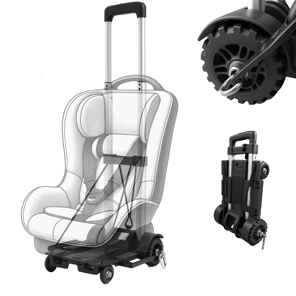 V VOLKGO car-seat dolly with ISOFIX connection for quick, secure airline transfers.