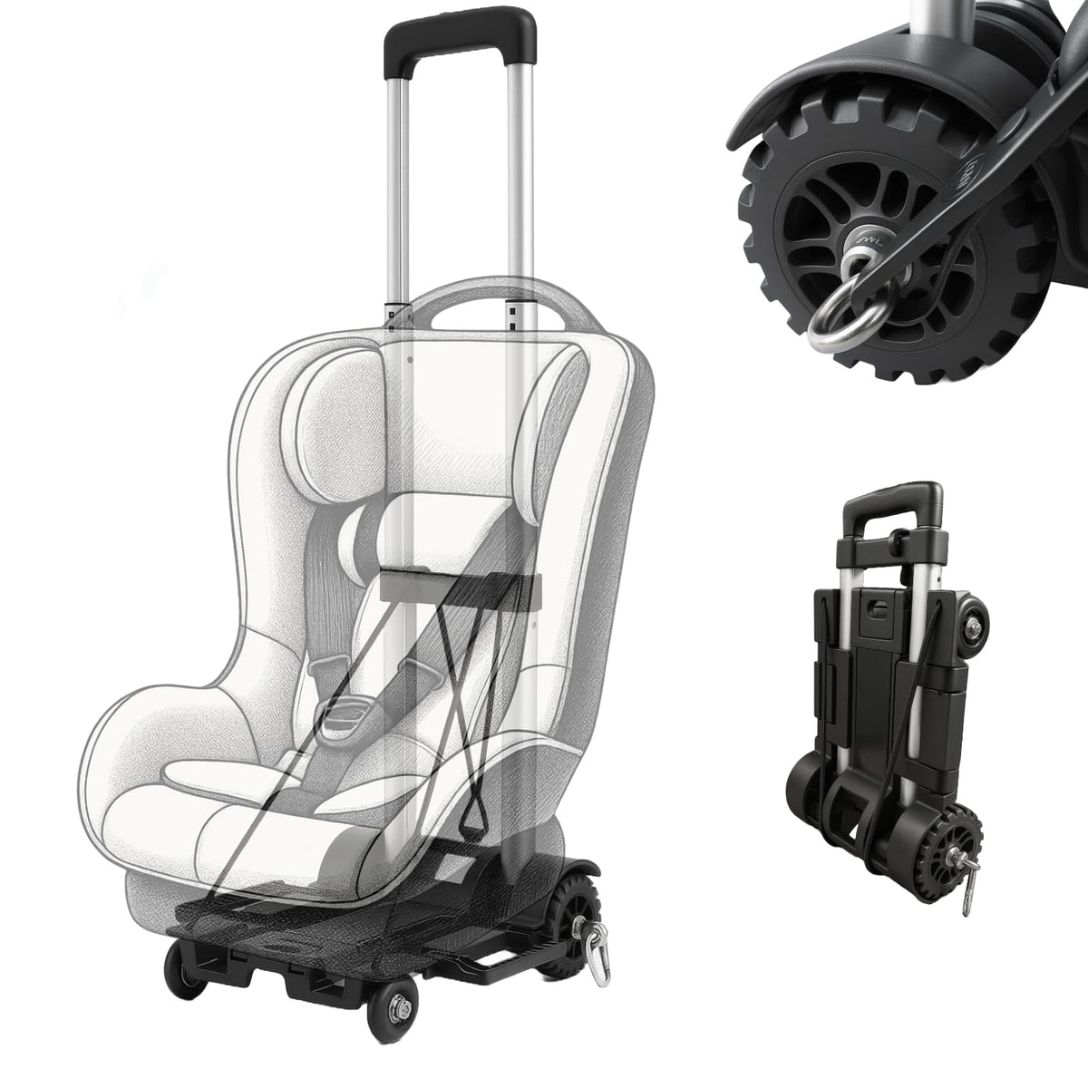 V VOLKGO car-seat dolly with ISOFIX connection for quick, secure airline transfers.