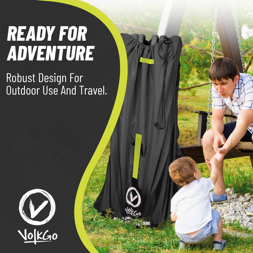 V VOLKGO car seat-compatible feature for combined travel gear
