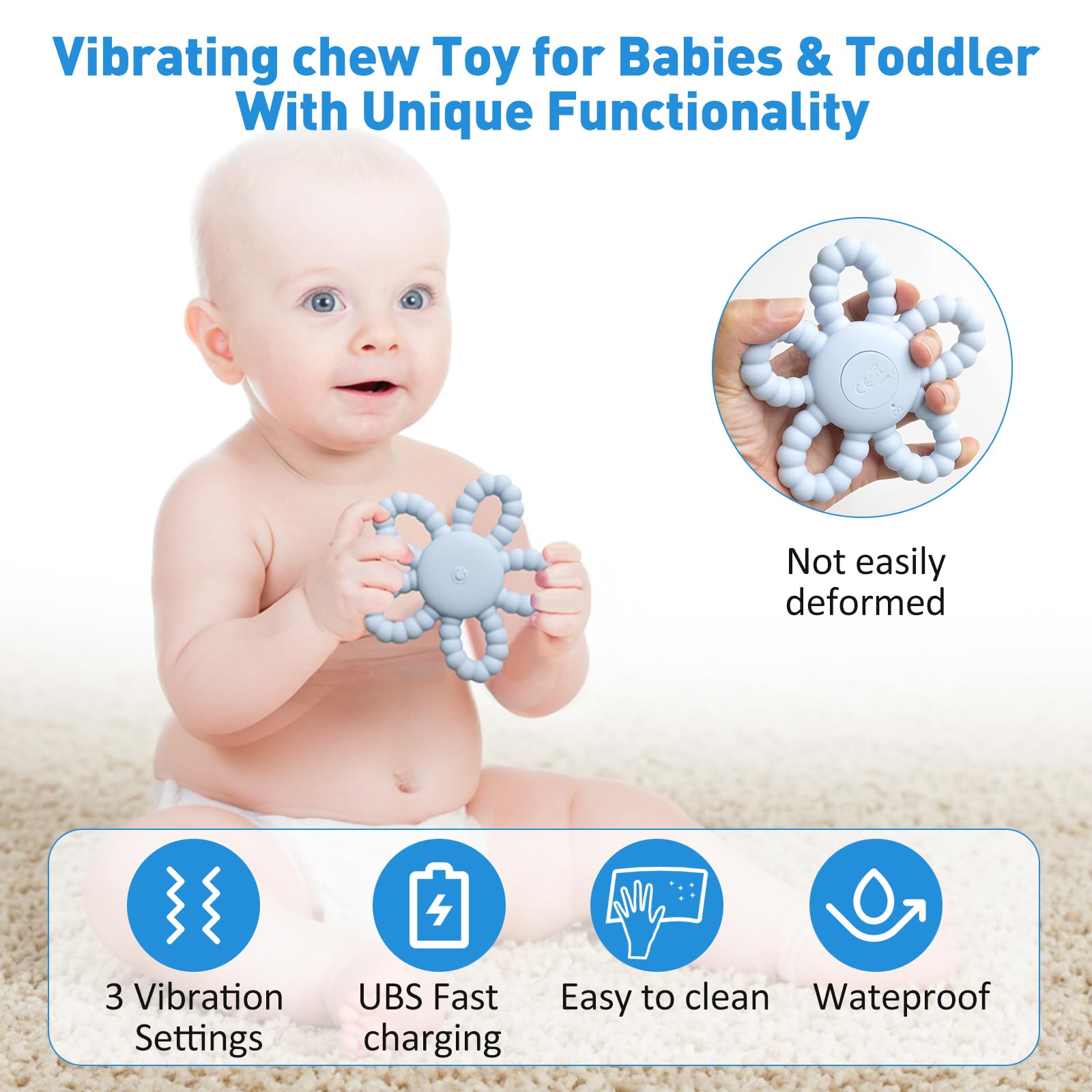 V7T7V7 waterproof teether cleans easily for busy caregivers.