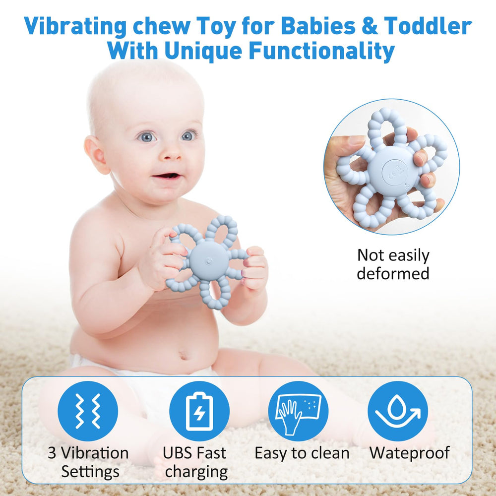 V7T7V7 waterproof teether cleans easily for busy caregivers.