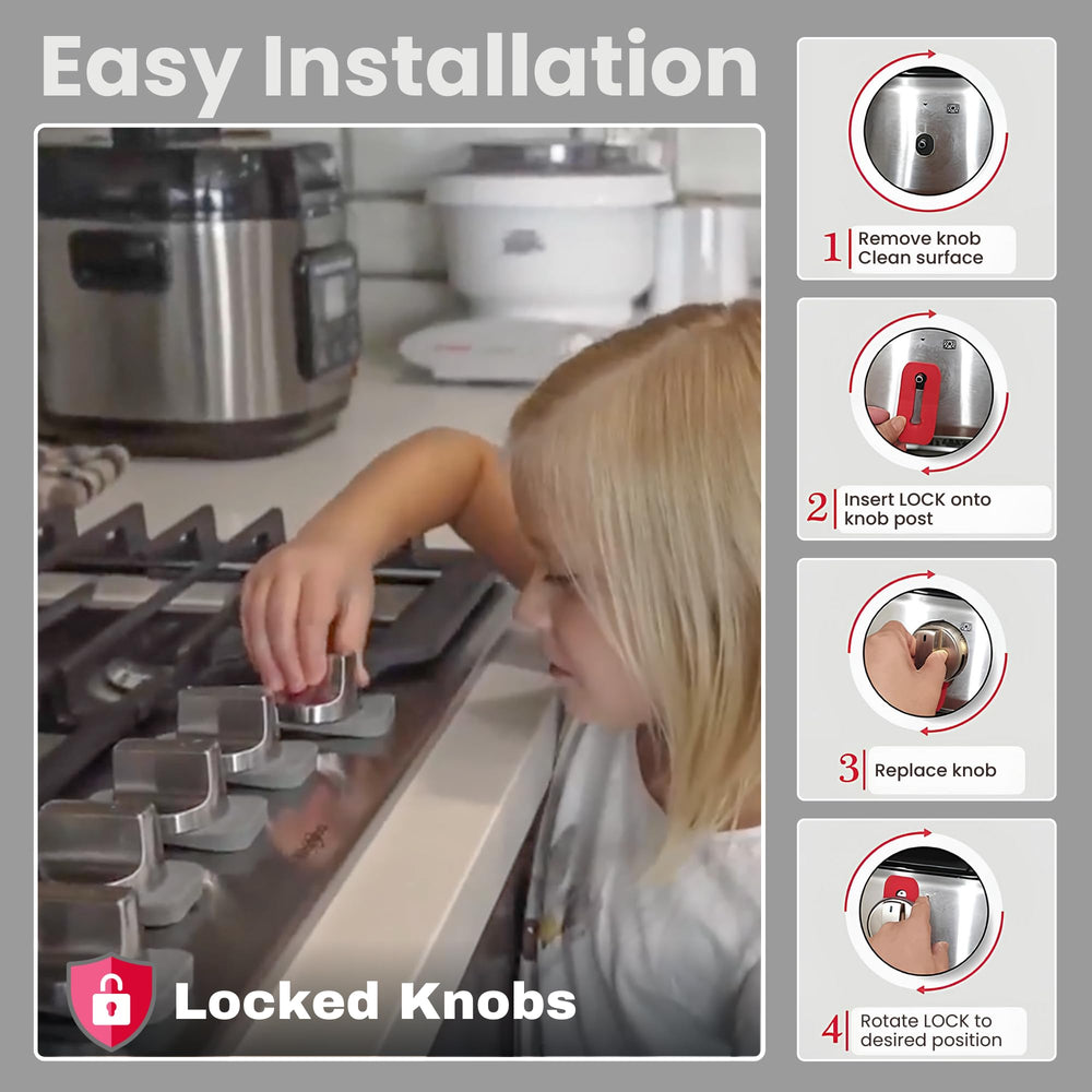 Vadiff black stove knob locks blend with modern kitchens for kid safety.