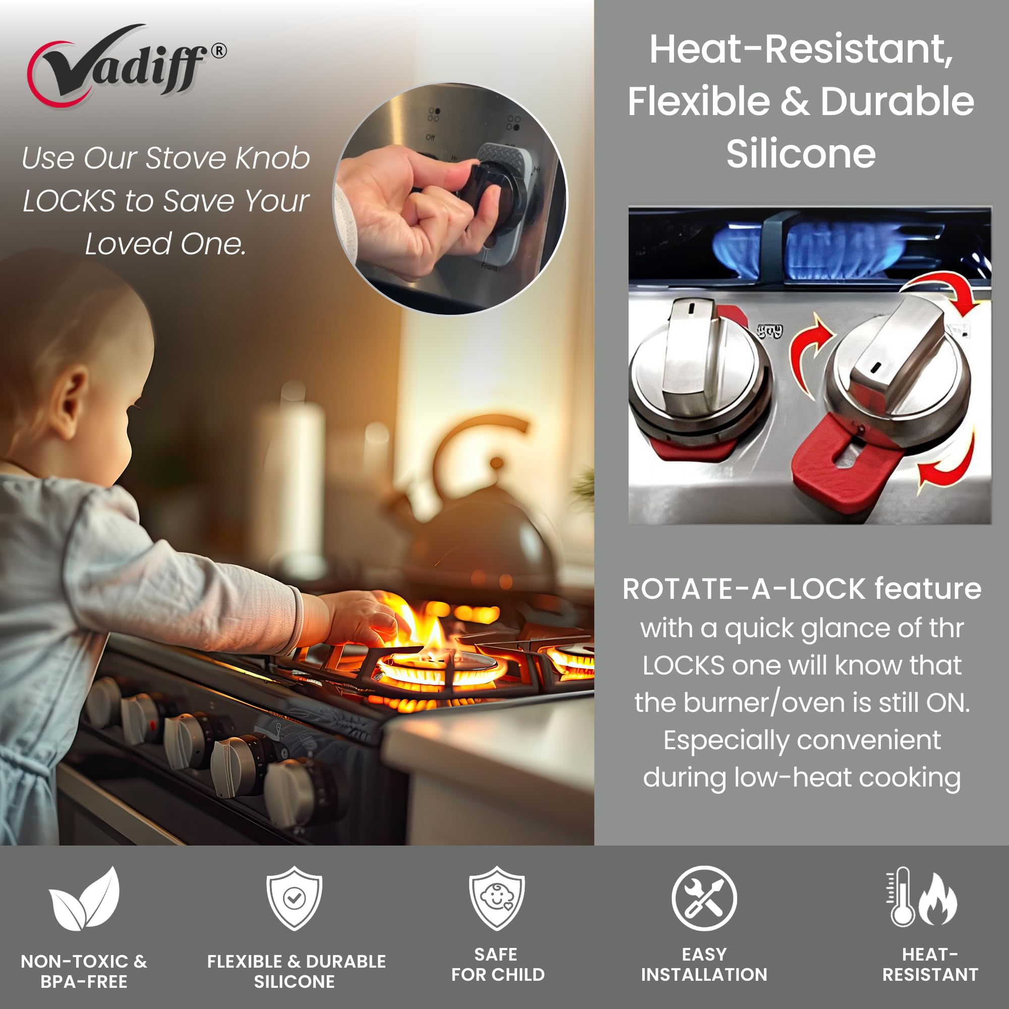 Vadiff heat-resistant silicone maintains flexibility up to 450°F for durability.