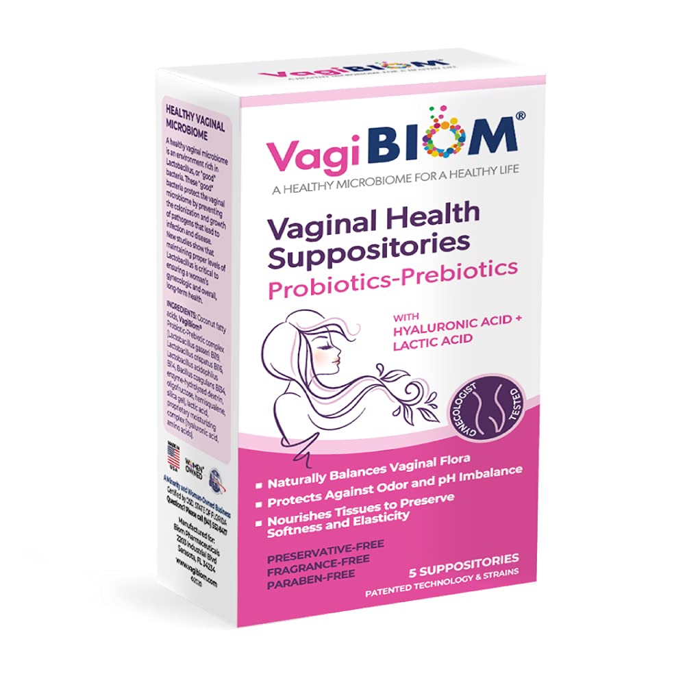 VagiBiom packaging overview highlights a paraben-free formula for balanced vaginal care