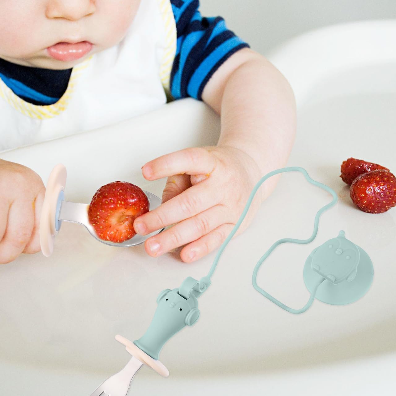Vaguelly suction cup holder keeps spoons steady on highchairs for mess-free feeding