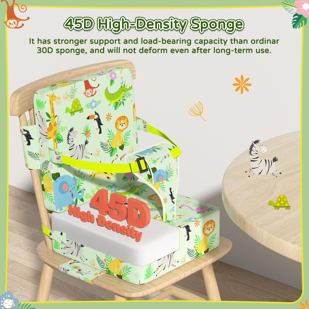 Vahlbeste booster seat strap-adjustment shows a secure fit for growing children.