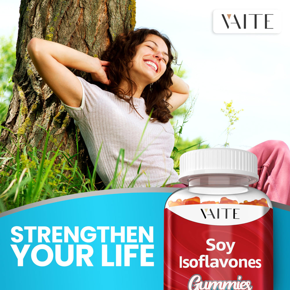 VAITE Soy Isoflavones gummies closeup texture shows soft chews and convenient intake.