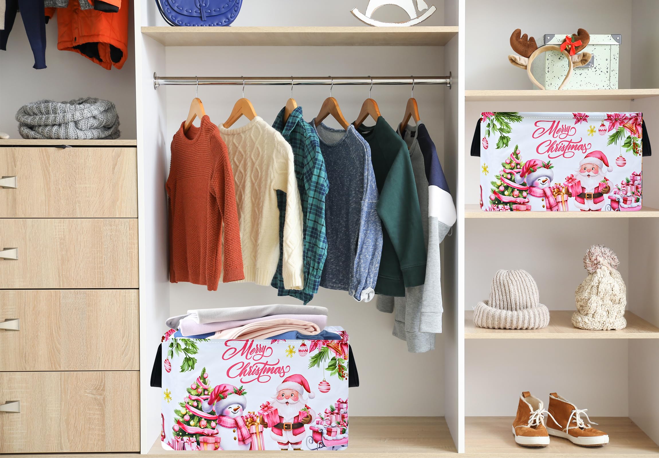 VAIVUSTO Christmas Basket in closet demonstrates organized storage.