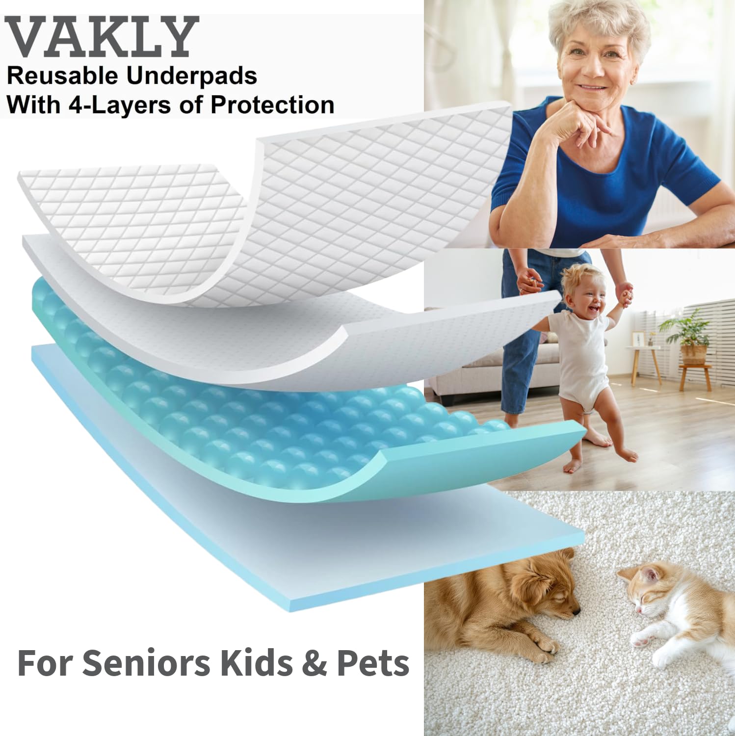 Vakly XL underpad slip-resistant backing keeps pad in place.