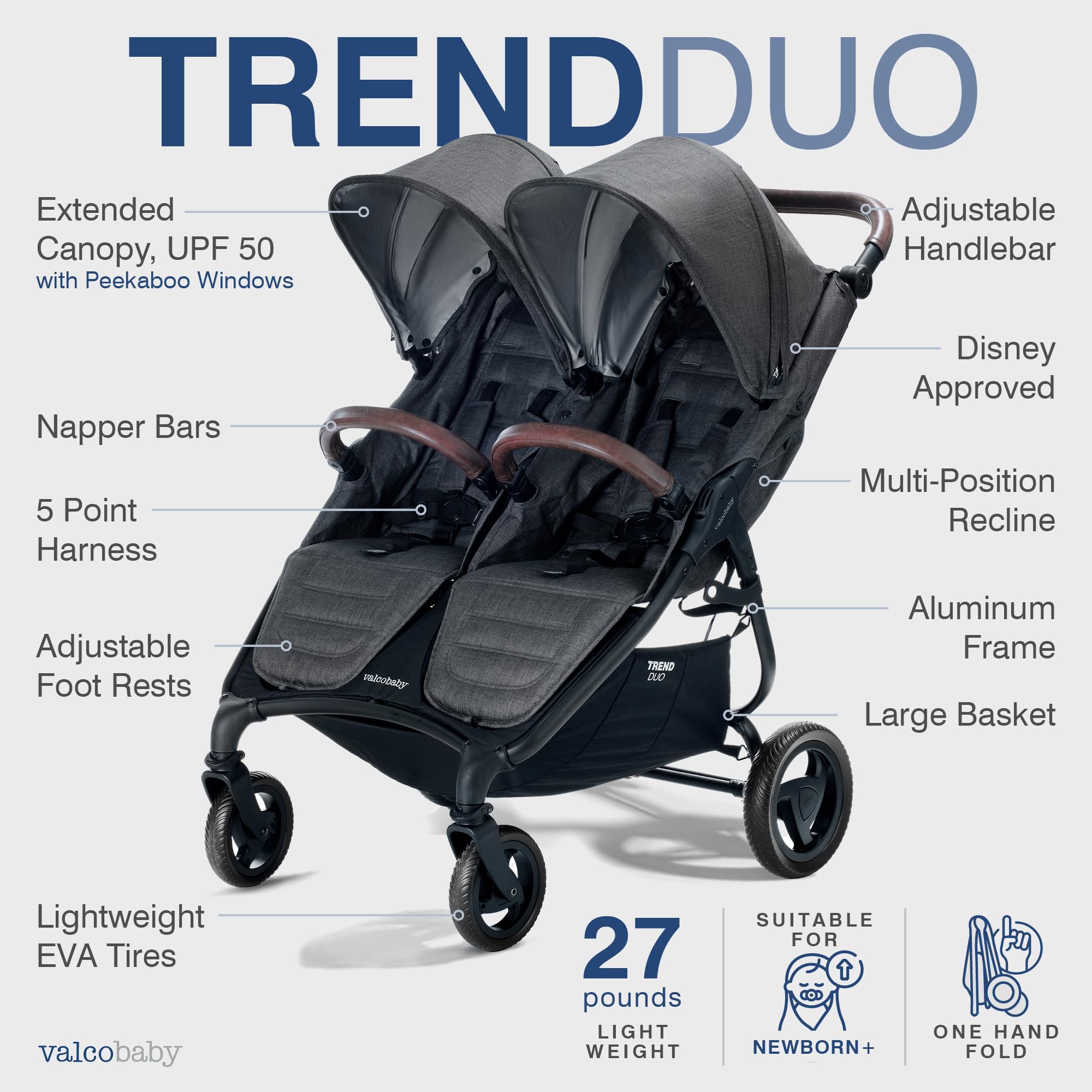 Valco Baby Trend Duo large extendable canopies shielding sun