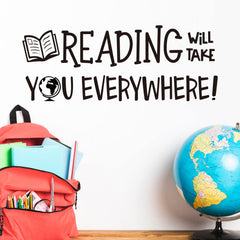 Vancetyno Reading Will Take You Everywhere decal applied to classroom wall for motivation