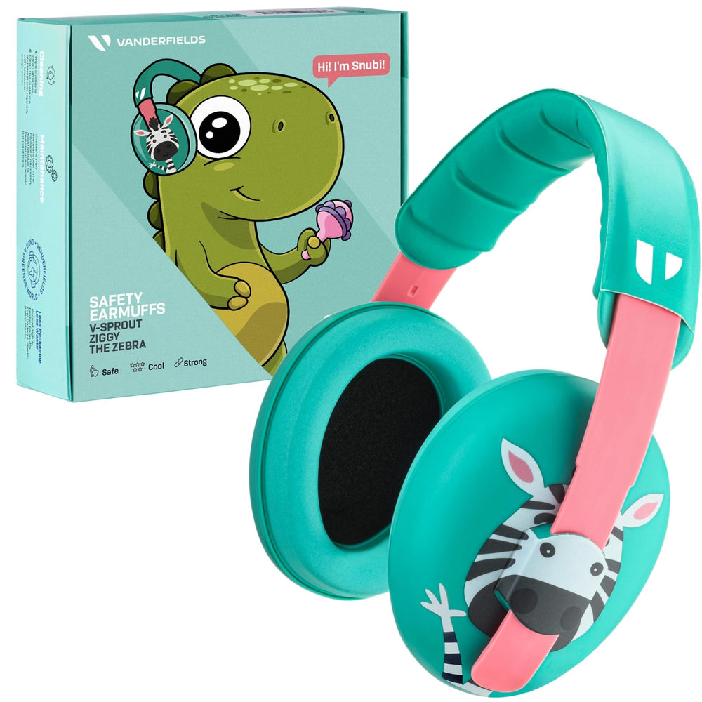 Vanderfields Ziggy ear muffs with adjustable headband provide secure kids' protection.