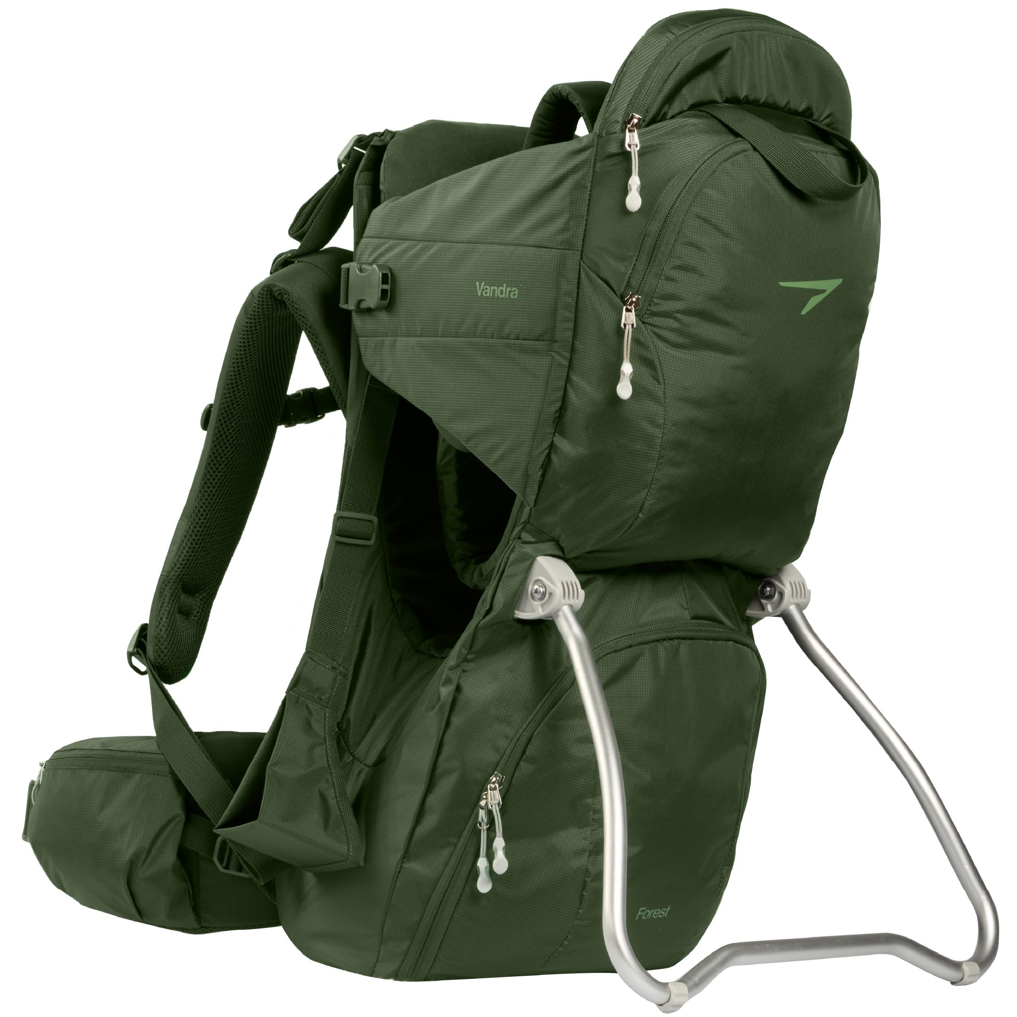 Vandra Forest front view shows stable baby carrier for trail hikes.