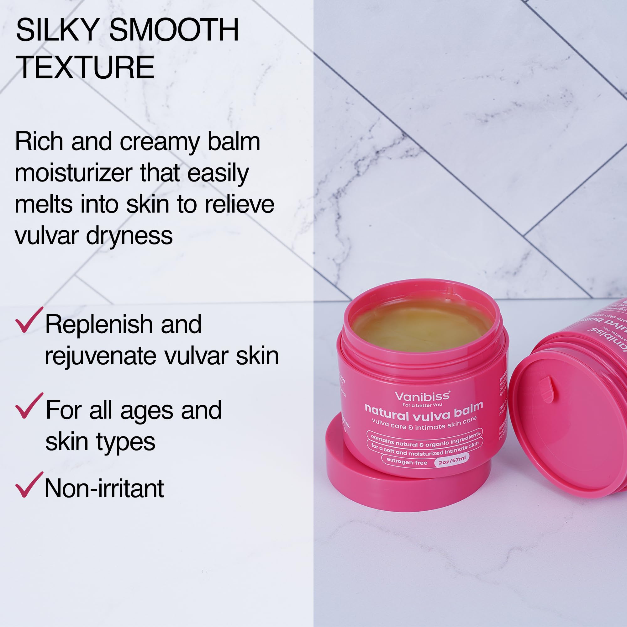 Close-up of balm application showing creamy texture soothing sensitive vulvar tissue.