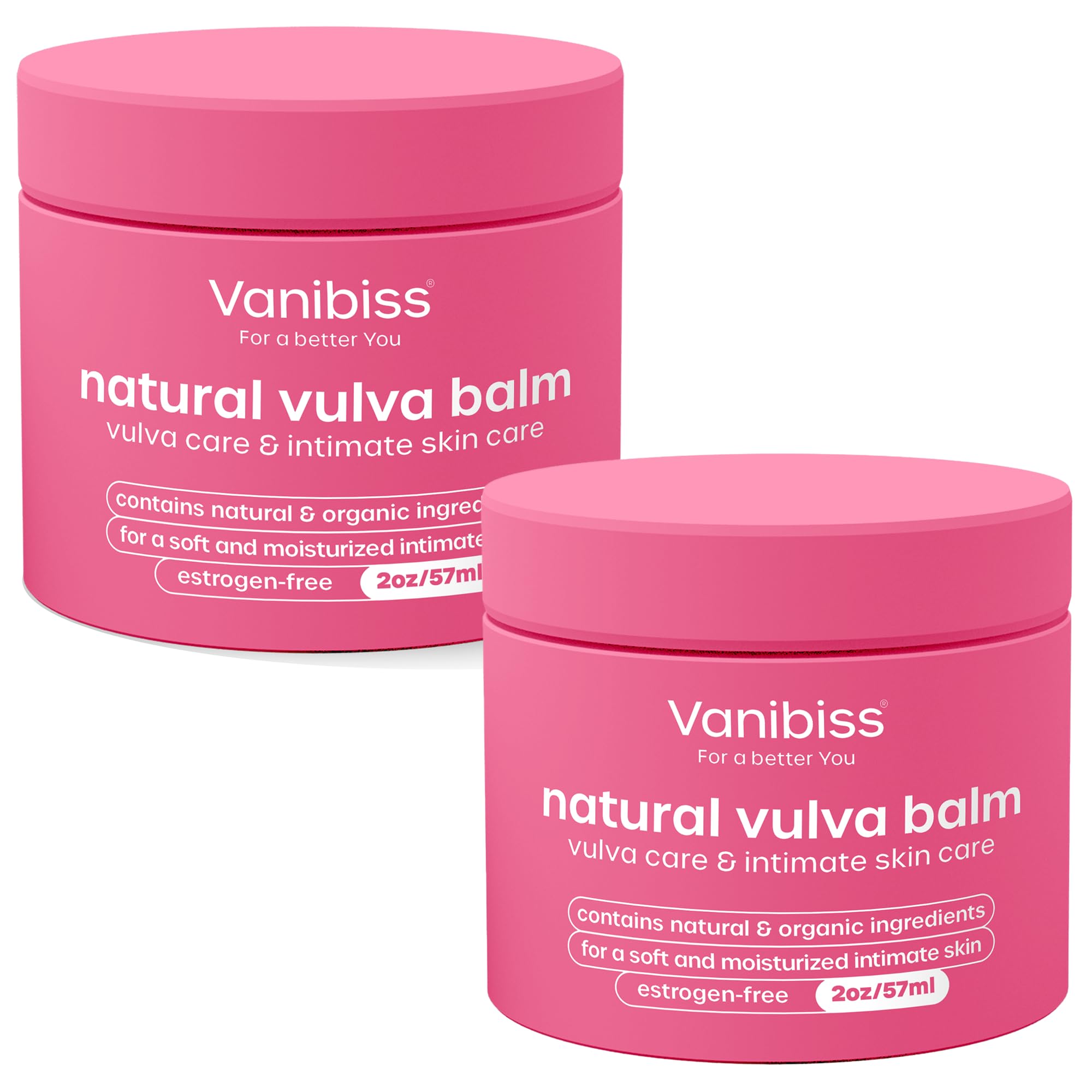 Vanibiss Natural Vulva Balm two-pack jars for gentle daily intimate skin hydration.