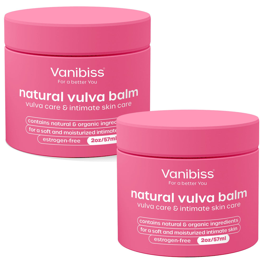 Vanibiss Natural Vulva Balm two-pack jars for gentle daily intimate skin hydration.