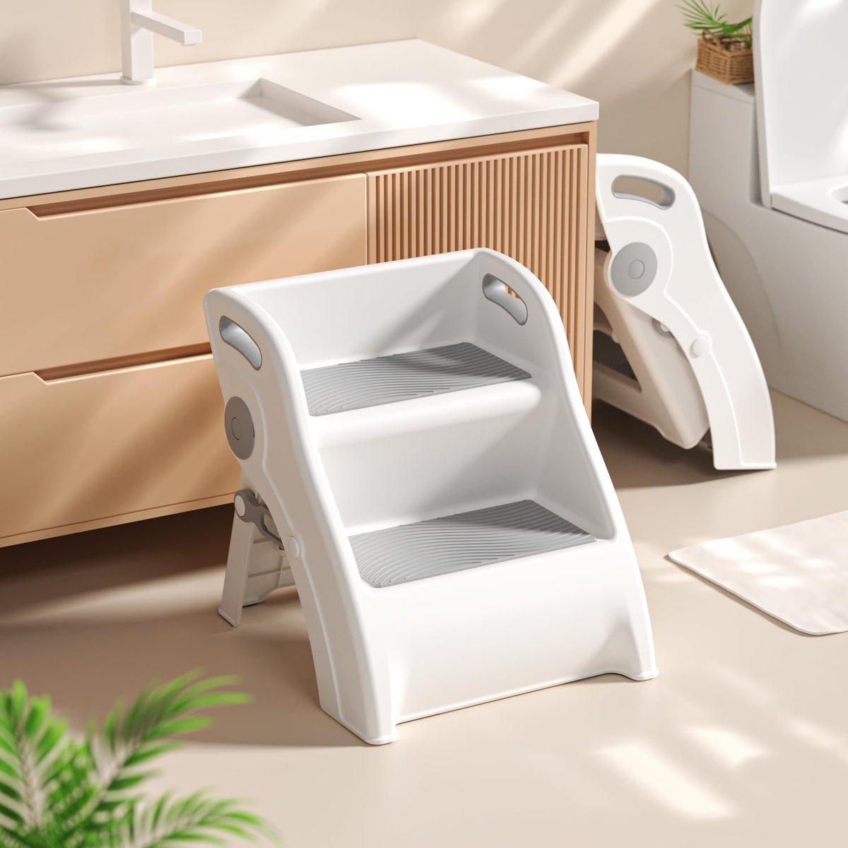 Vanpolchy toddler step stool folded for compact storage and travel.