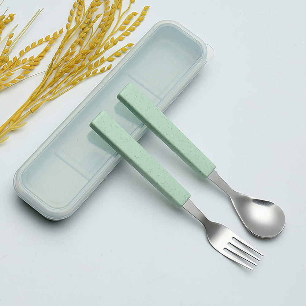 VANRA dinner spoon and fork shown in protective green case for school lunches
