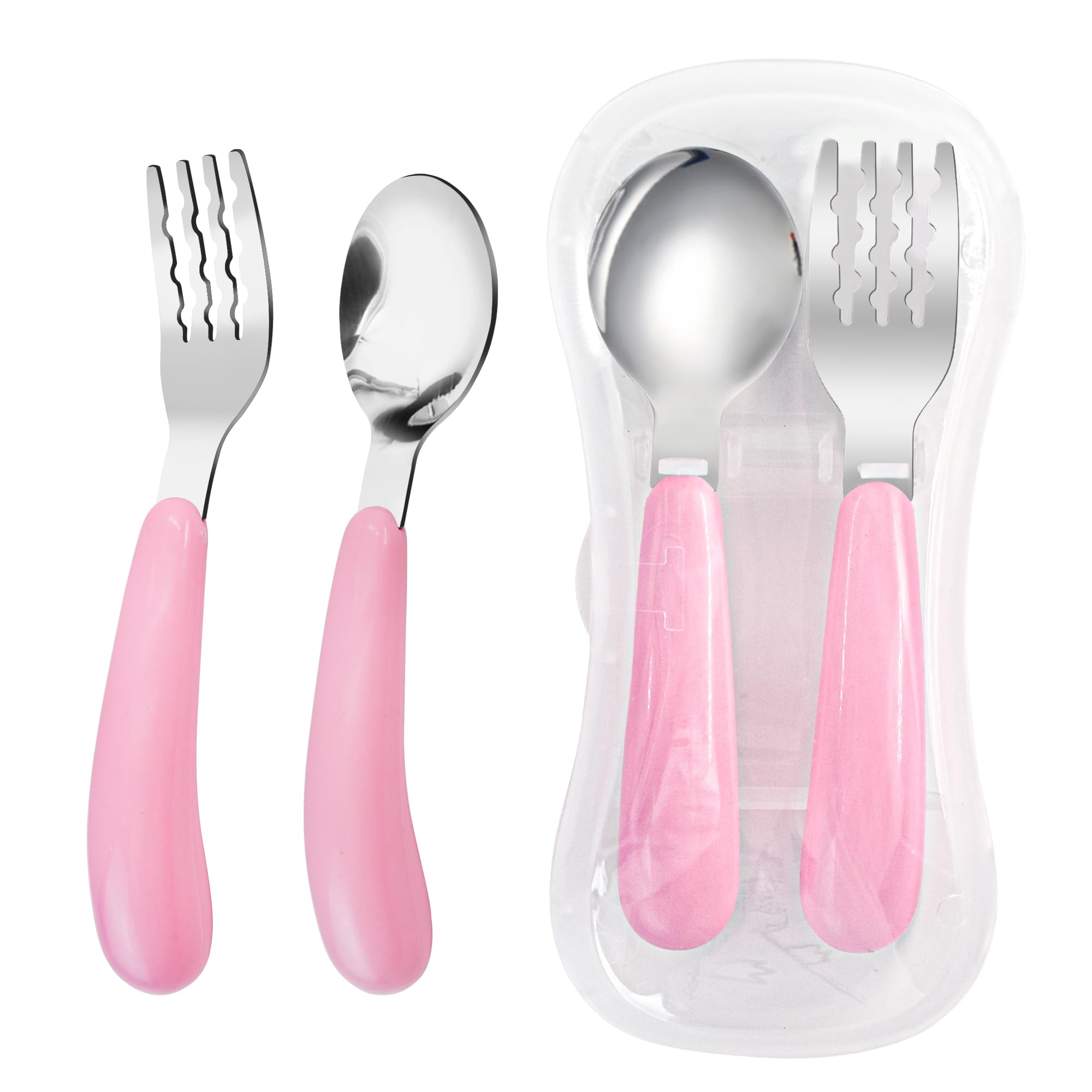 VANRA pink toddler utensils with travel case for easy on-the-go meals.