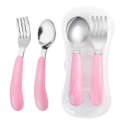 VANRA pink toddler utensils with travel case for easy on-the-go meals.