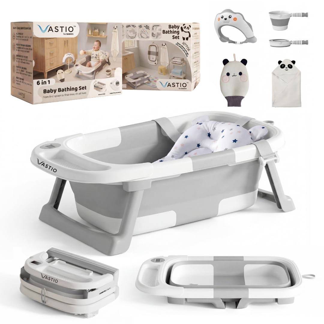 VASTIO 6-in-1 baby bathtub folded for compact storage and travel convenience.