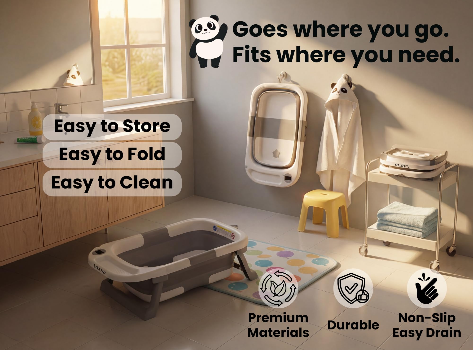 VASTIO rinse cup for easy, safe rinsing during bath time.