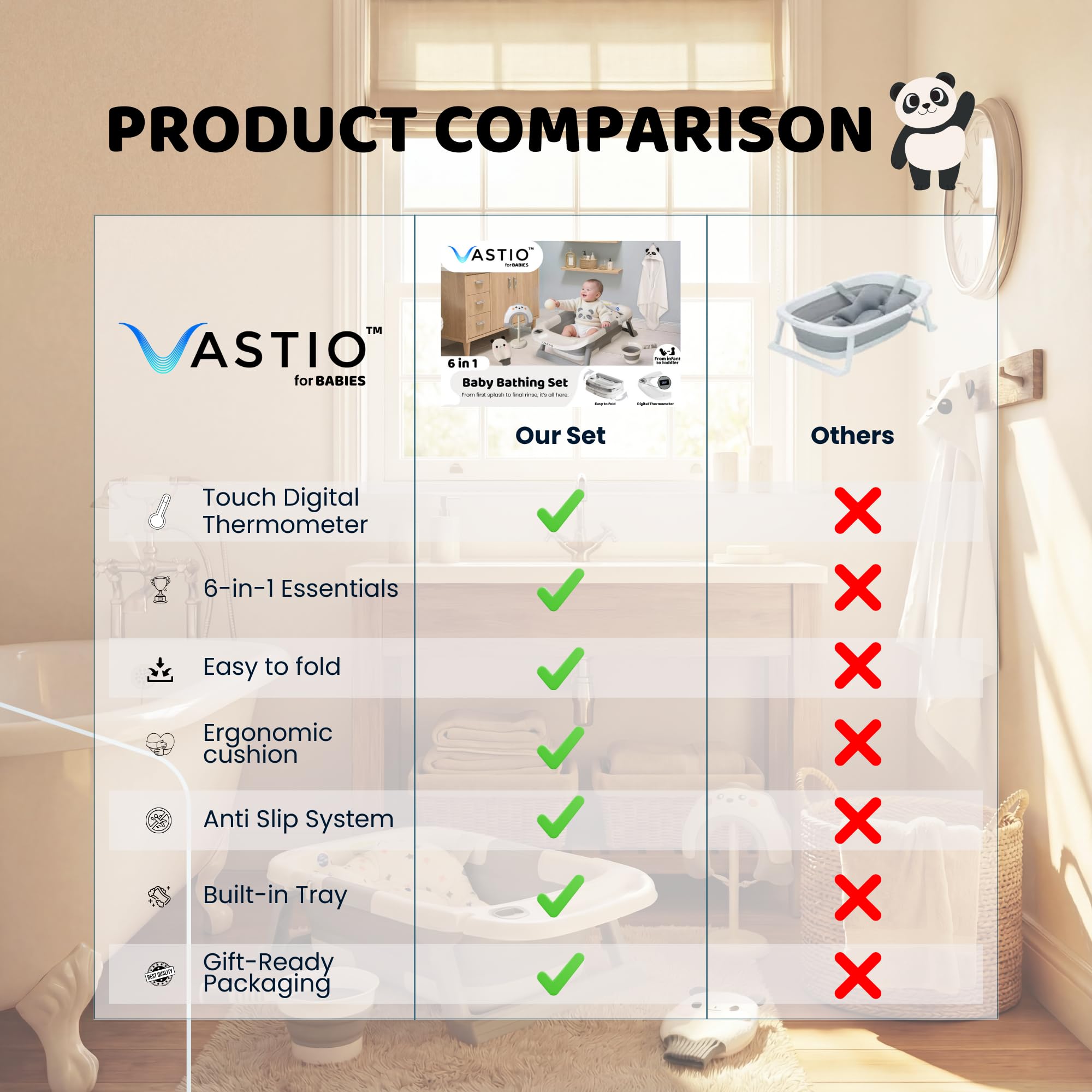 VASTIO bath towel included for quick drying after bath.