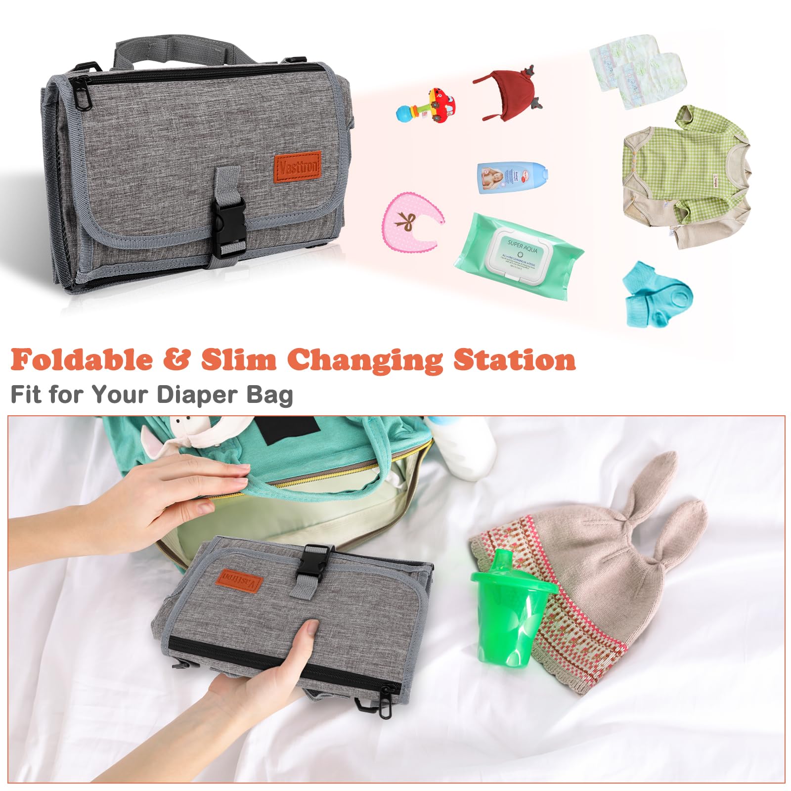 Vasttron multi-pocket design holds diapers, wipes, and essentials.