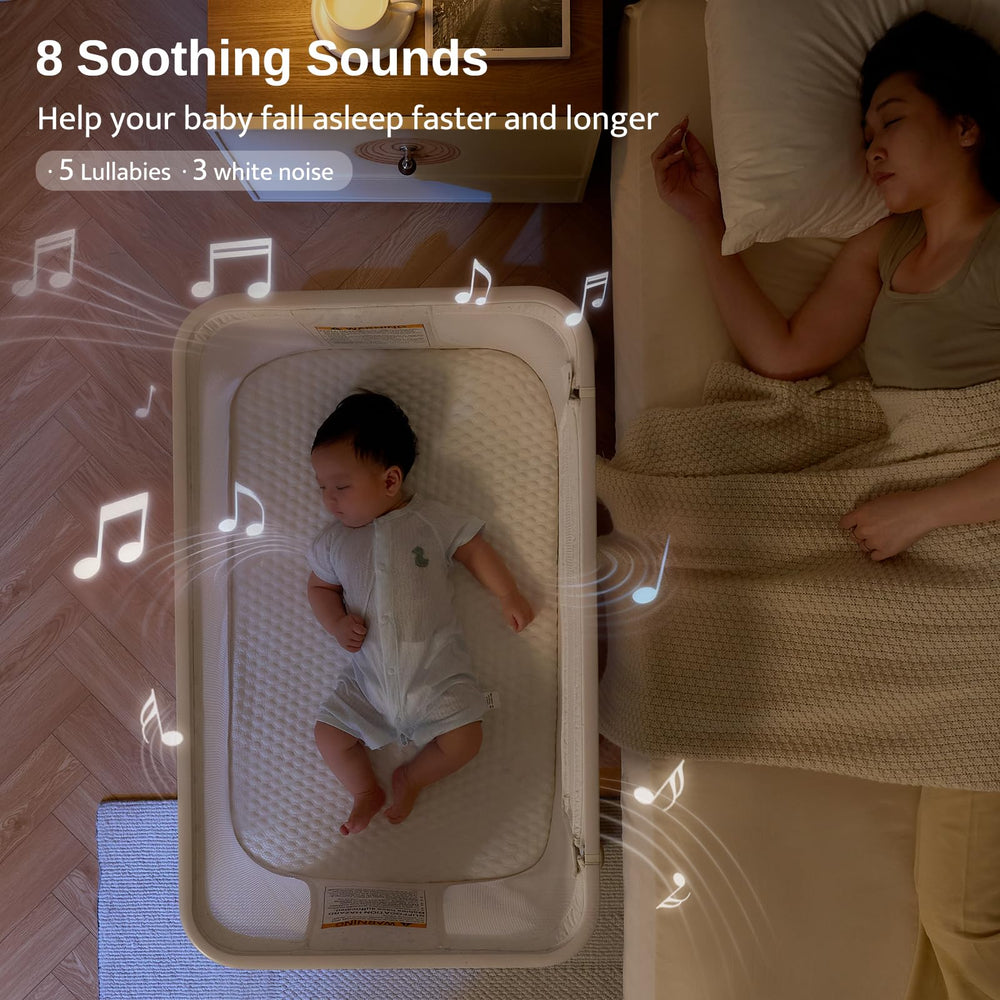VaVaSoo bassinet showing calming sounds and lullabies for sleep support.