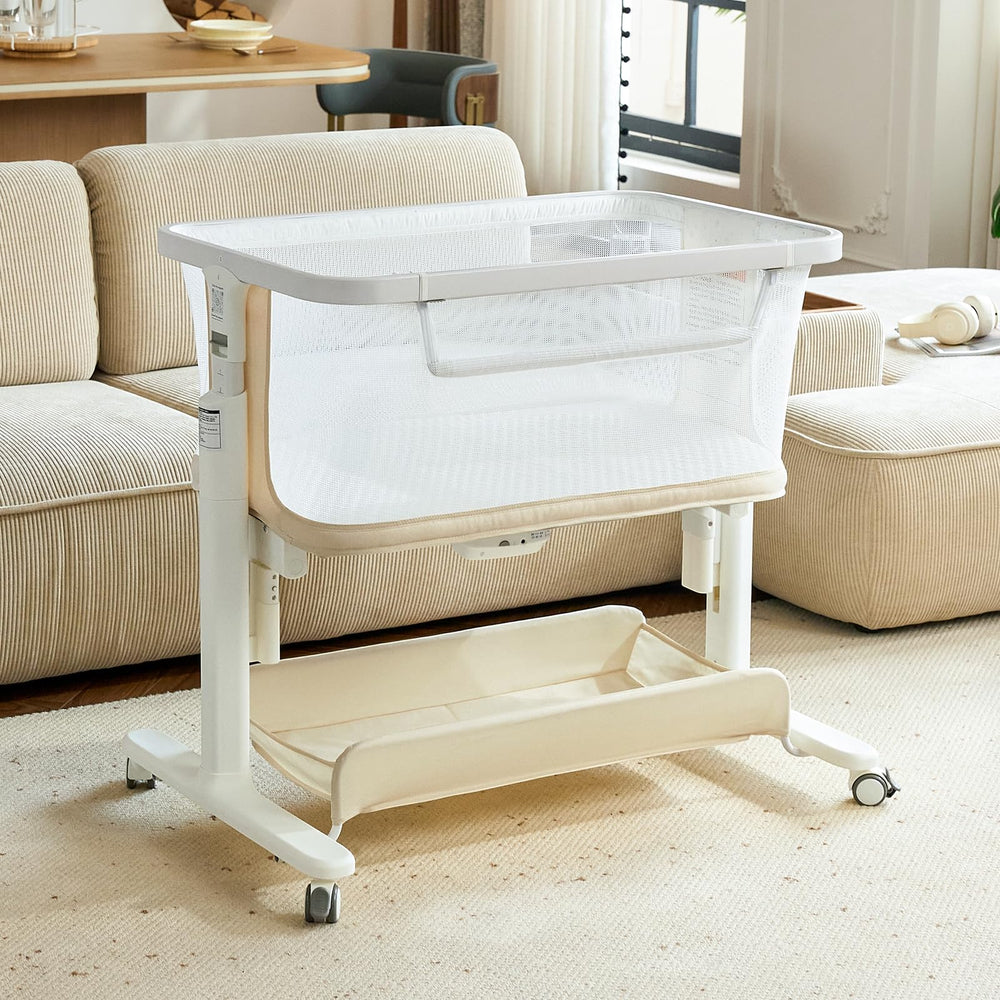 VaVaSoo electric baby bassinet with all-mesh bedside design for airflow and clear visibility.