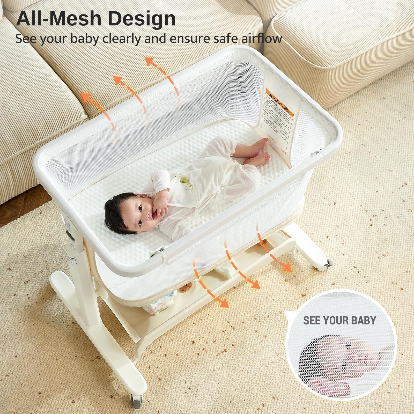 Breathable mesh walls of VaVaSoo bassinet promote airflow around baby.
