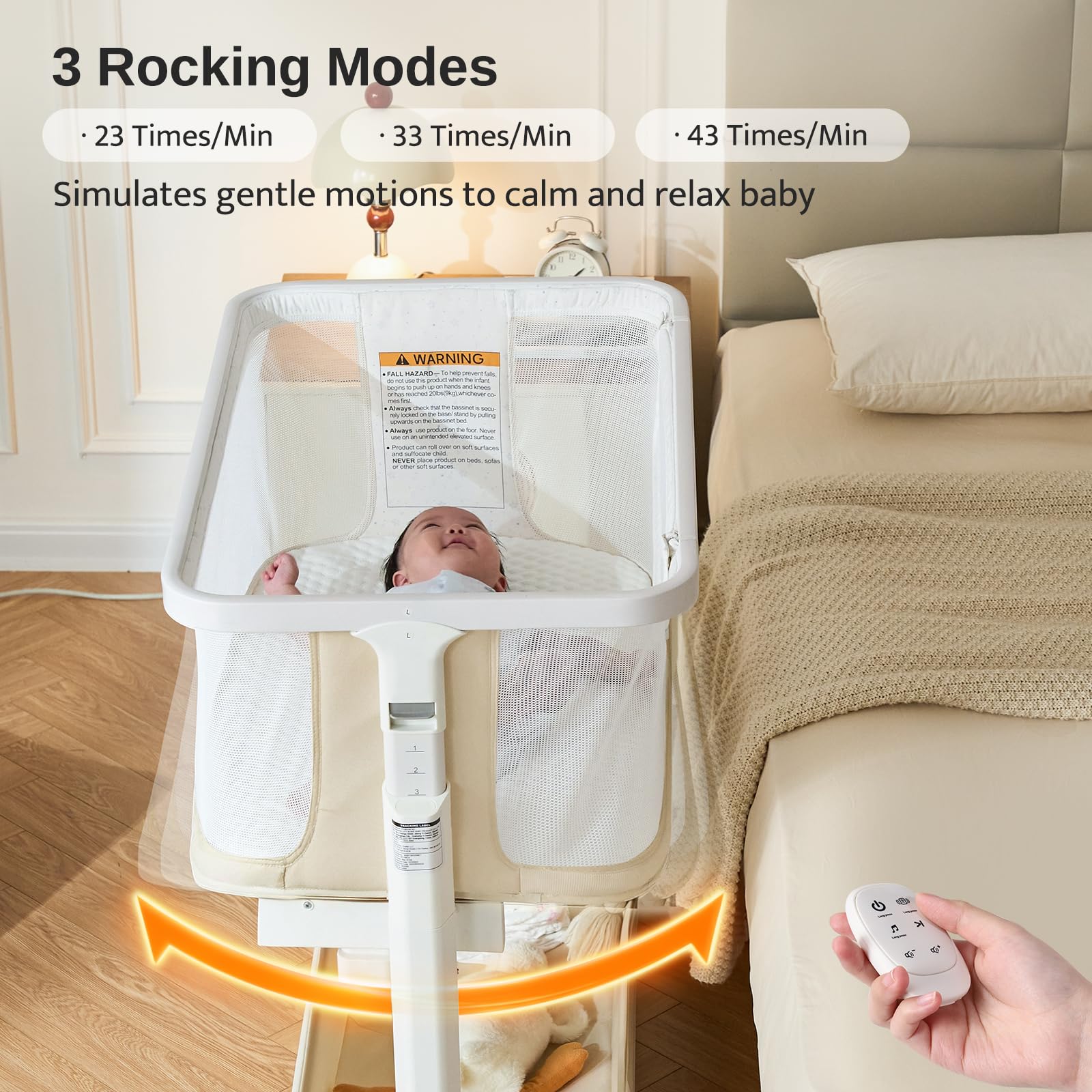 VaVaSoo bassinet remote pocket and controls for easy, hands-free soothing.