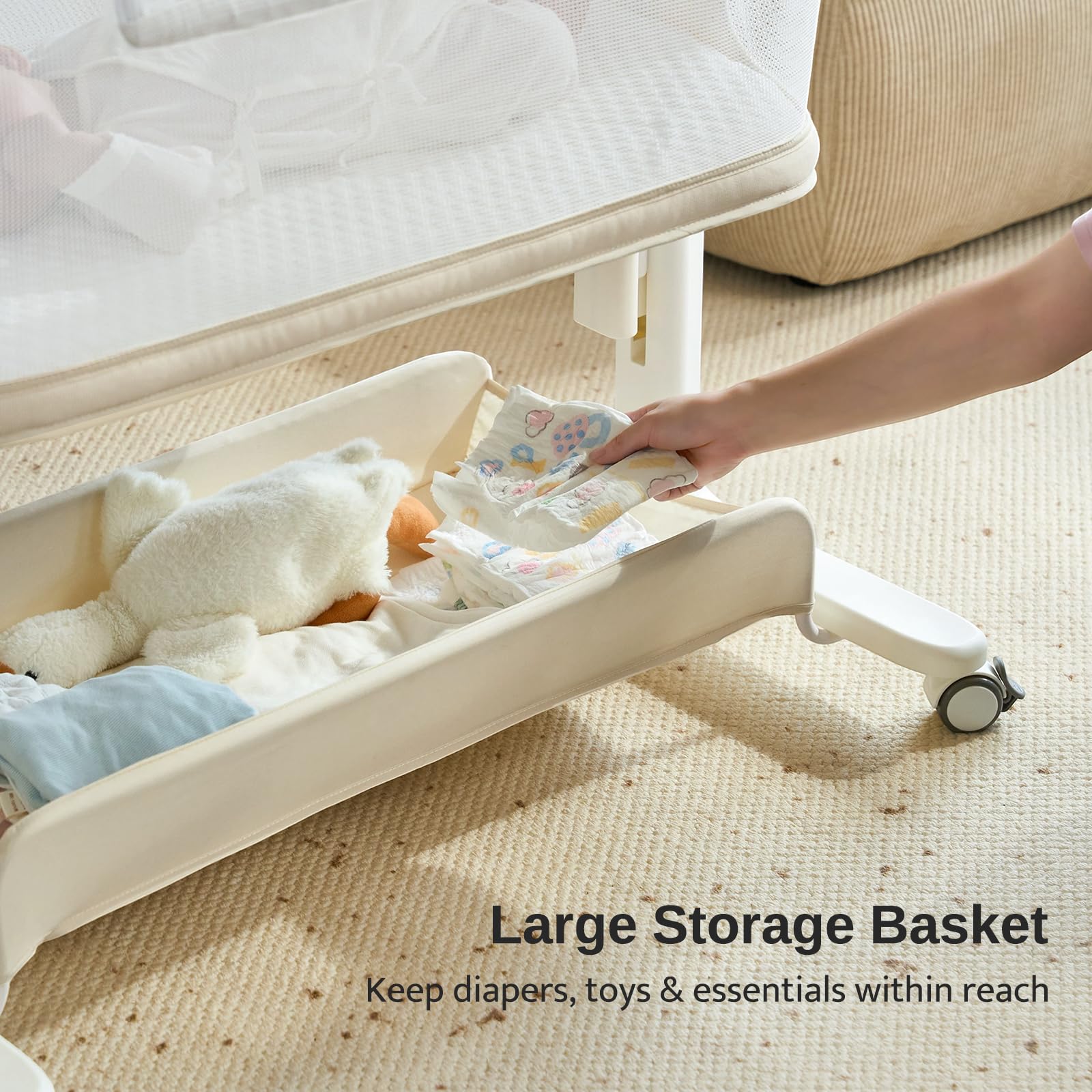 Safety-certified VaVaSoo bassinet with auto-stop and safe bedside gap.
