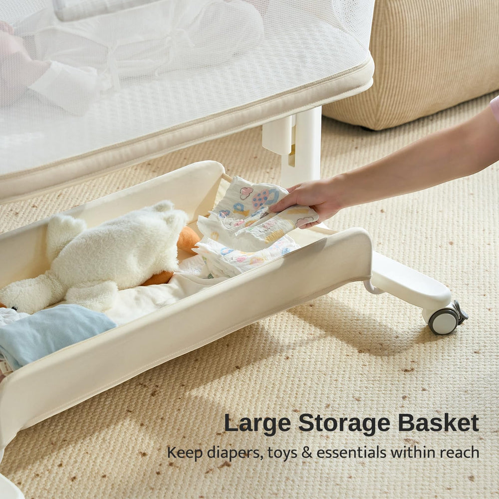 Safety-certified VaVaSoo bassinet with auto-stop and safe bedside gap.