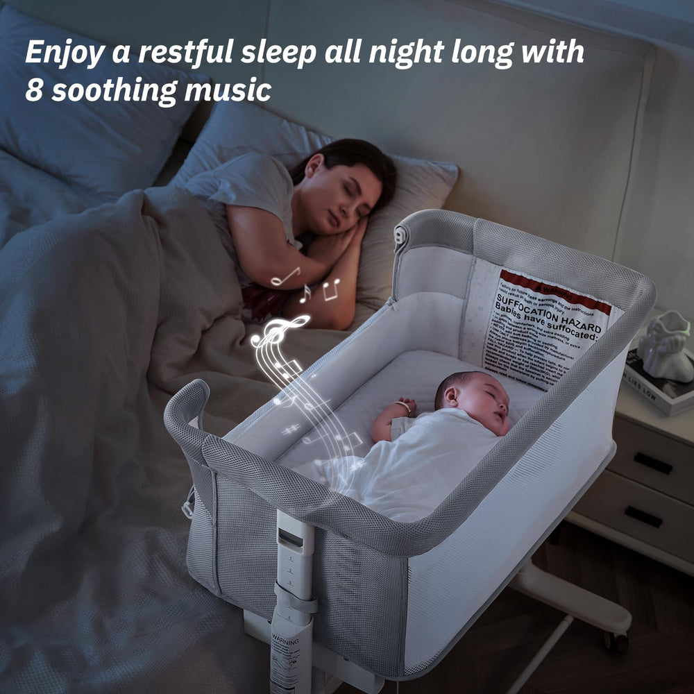 VaVaSoo bassinet height-adjustable base aligning with sofa or bed for proximity.