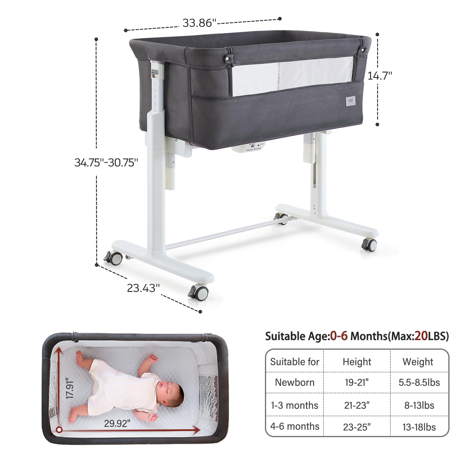 VaVaSoo rocking bassinet side mesh provides visibility and breathable sleep space.