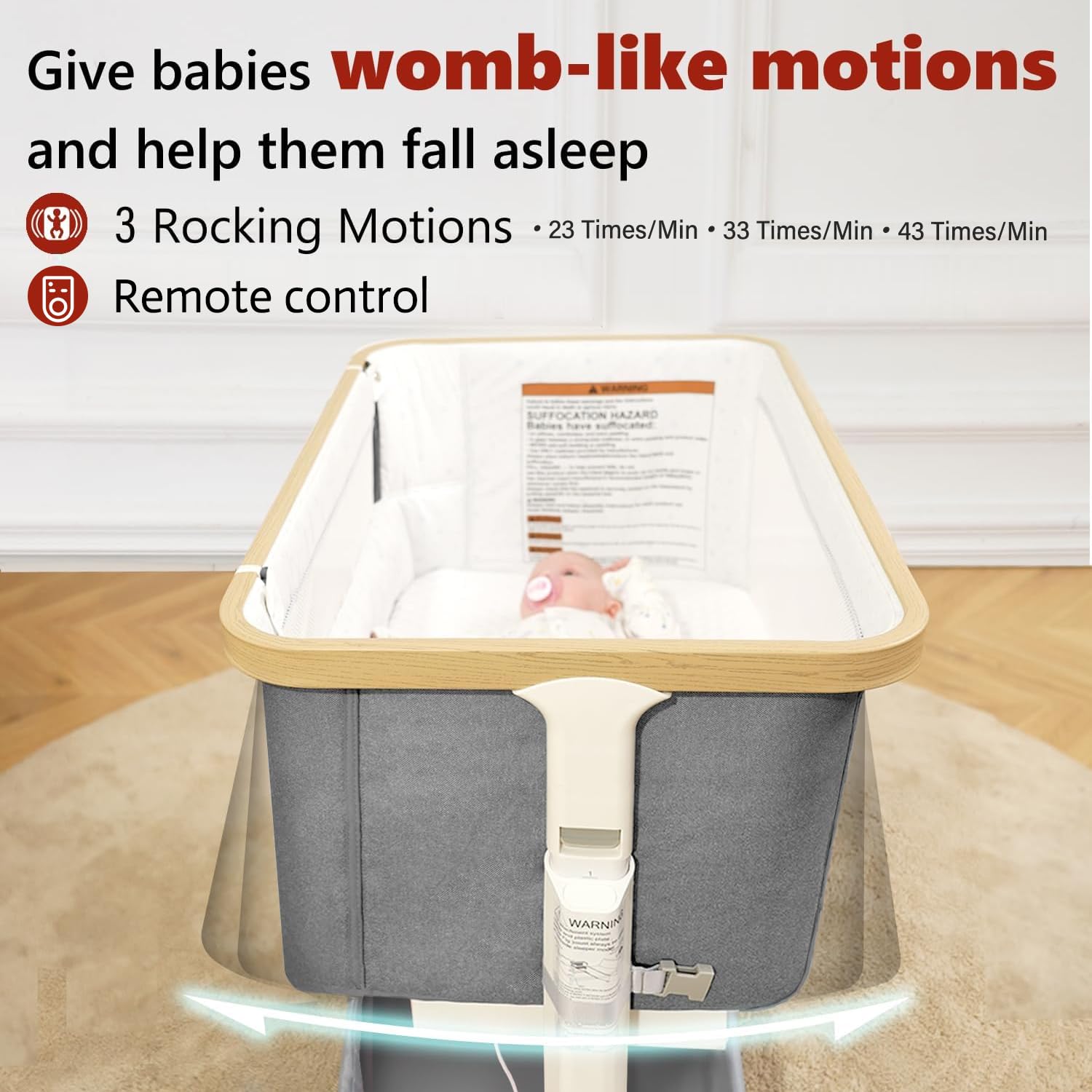 Vavassoo bassinet demonstrates three motion speeds for baby comfort