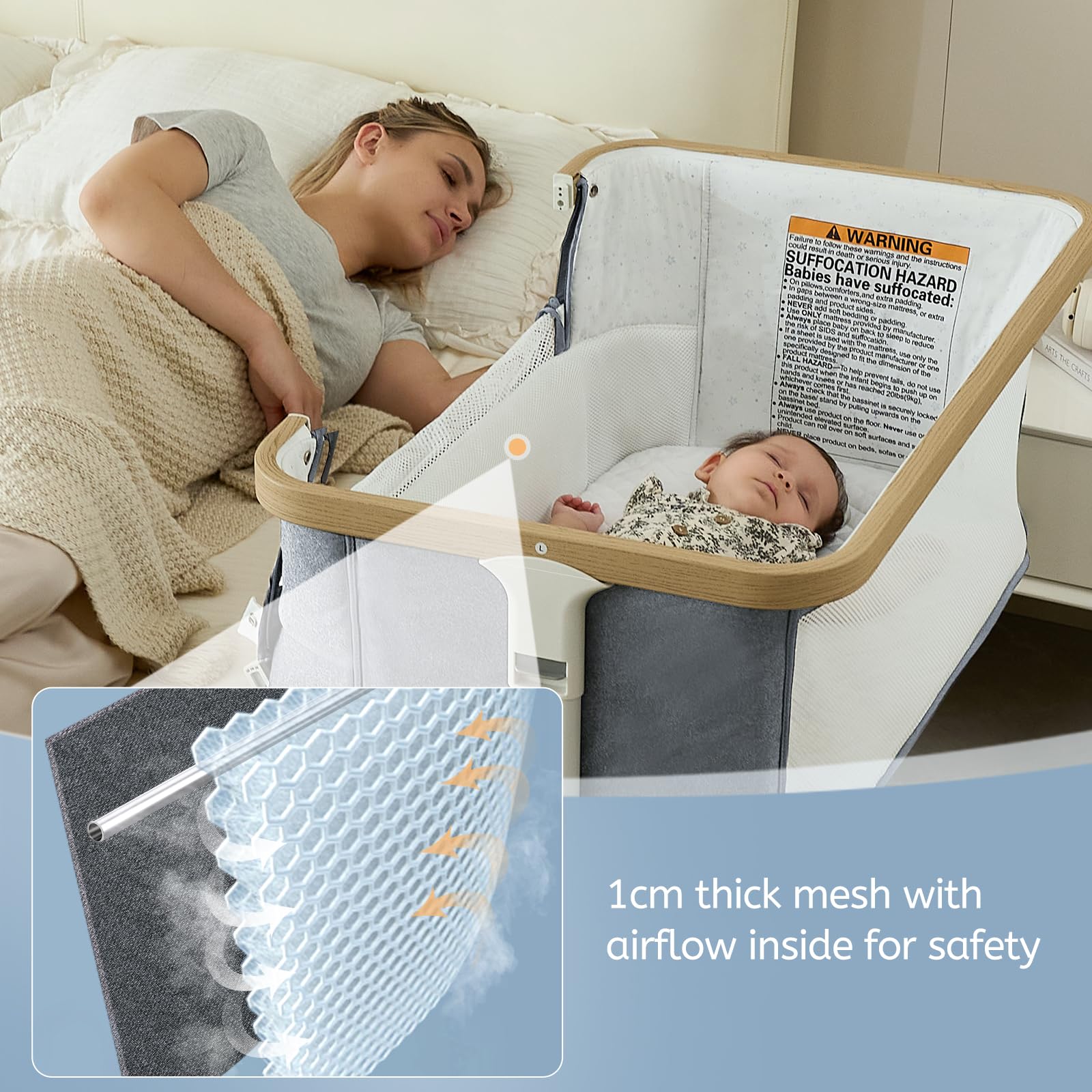 Vavassoo bassinet mesh sides for breathability and visibility