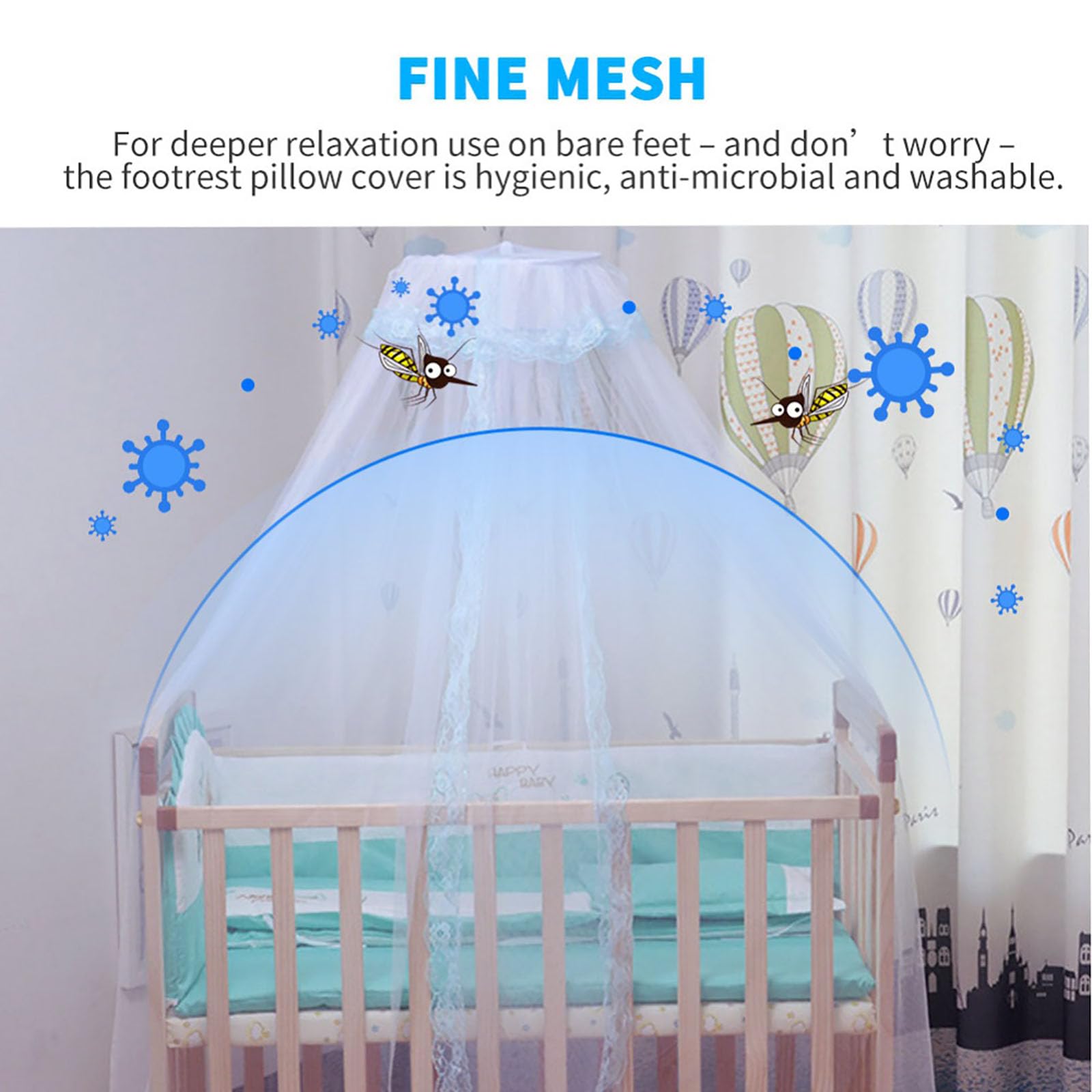Vawolecy decorative lace canopy enhances nursery charm and safety.