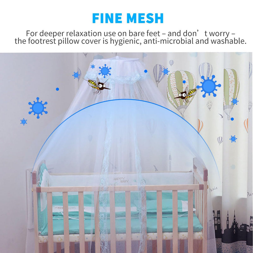 Vawolecy decorative lace canopy enhances nursery charm and safety.