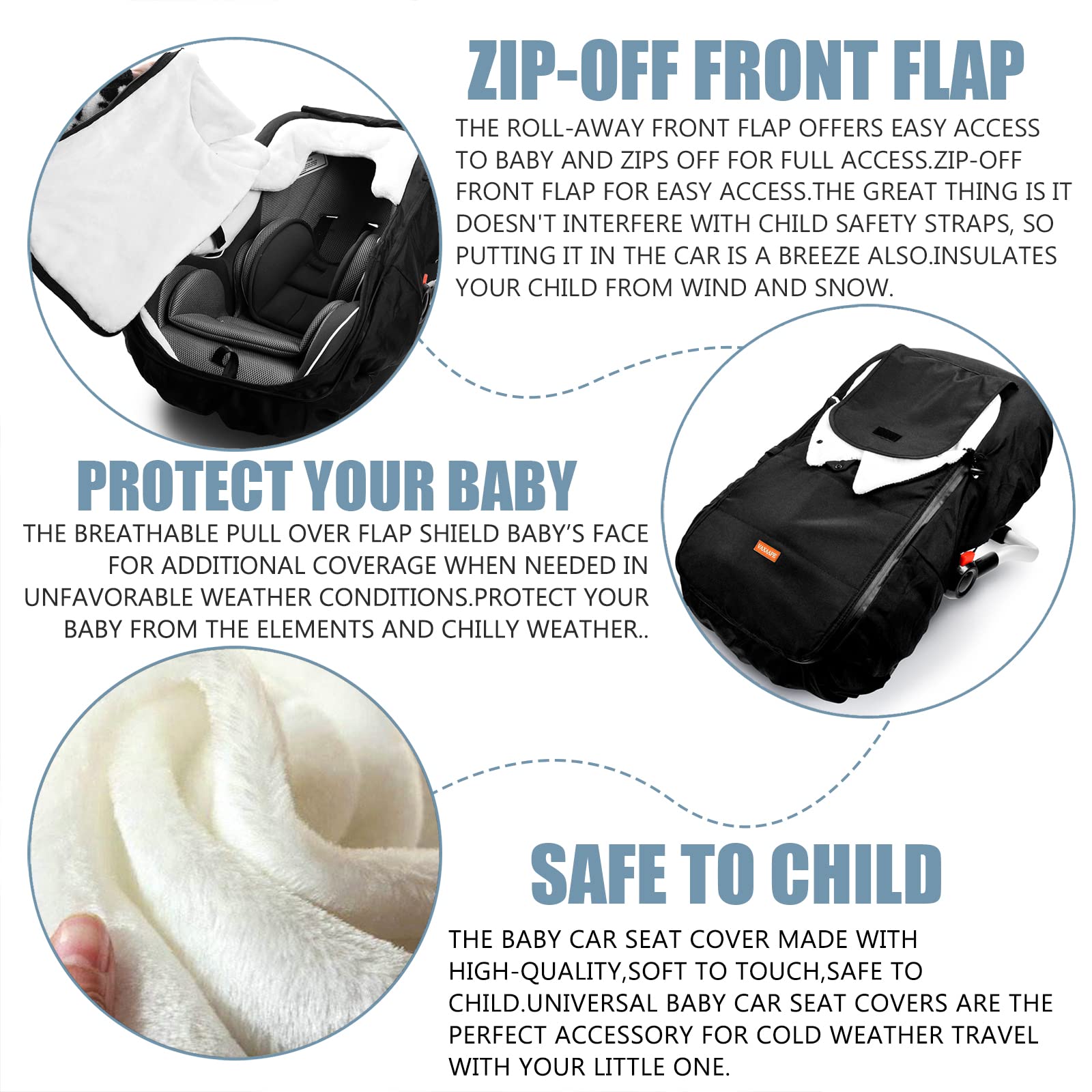Vaxaape cover demonstrating wind and snow protection for car seats