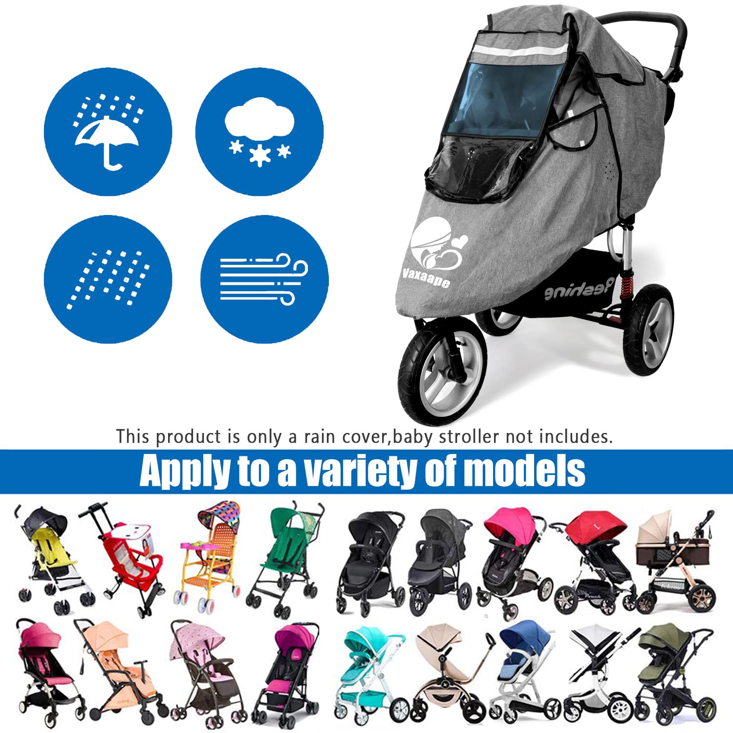 Vaxaape Stroller Rain Cover reflective straps improve visibility at night.
