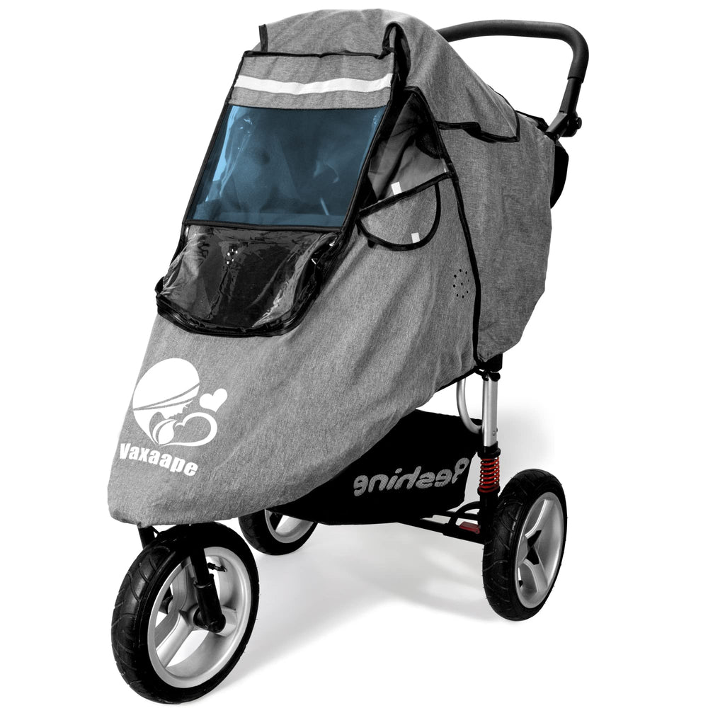 Vaxaape Stroller Rain Cover universal fit protects child from rain and wind.