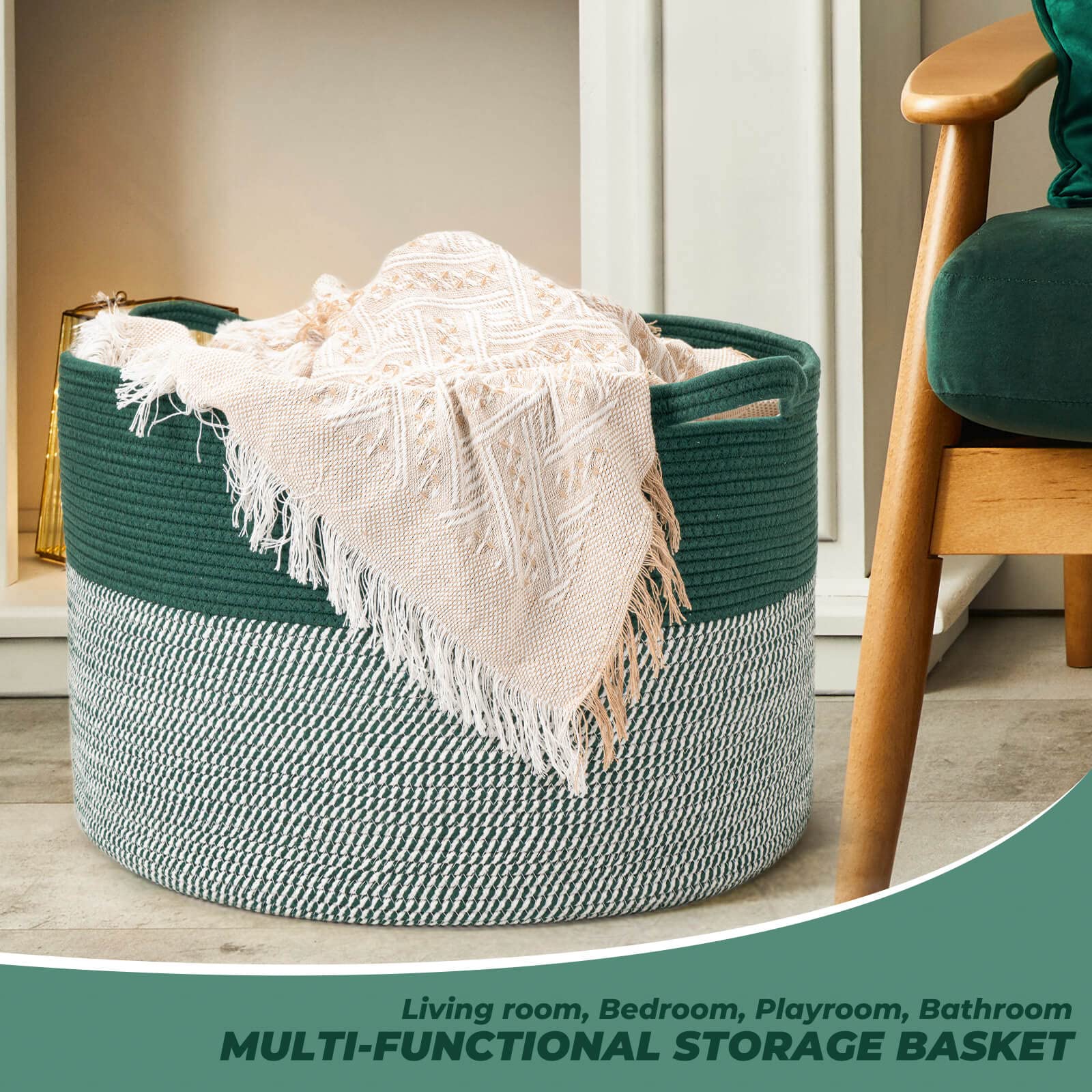 Vazpalas bathroom storage rope basket for towels and essentials.