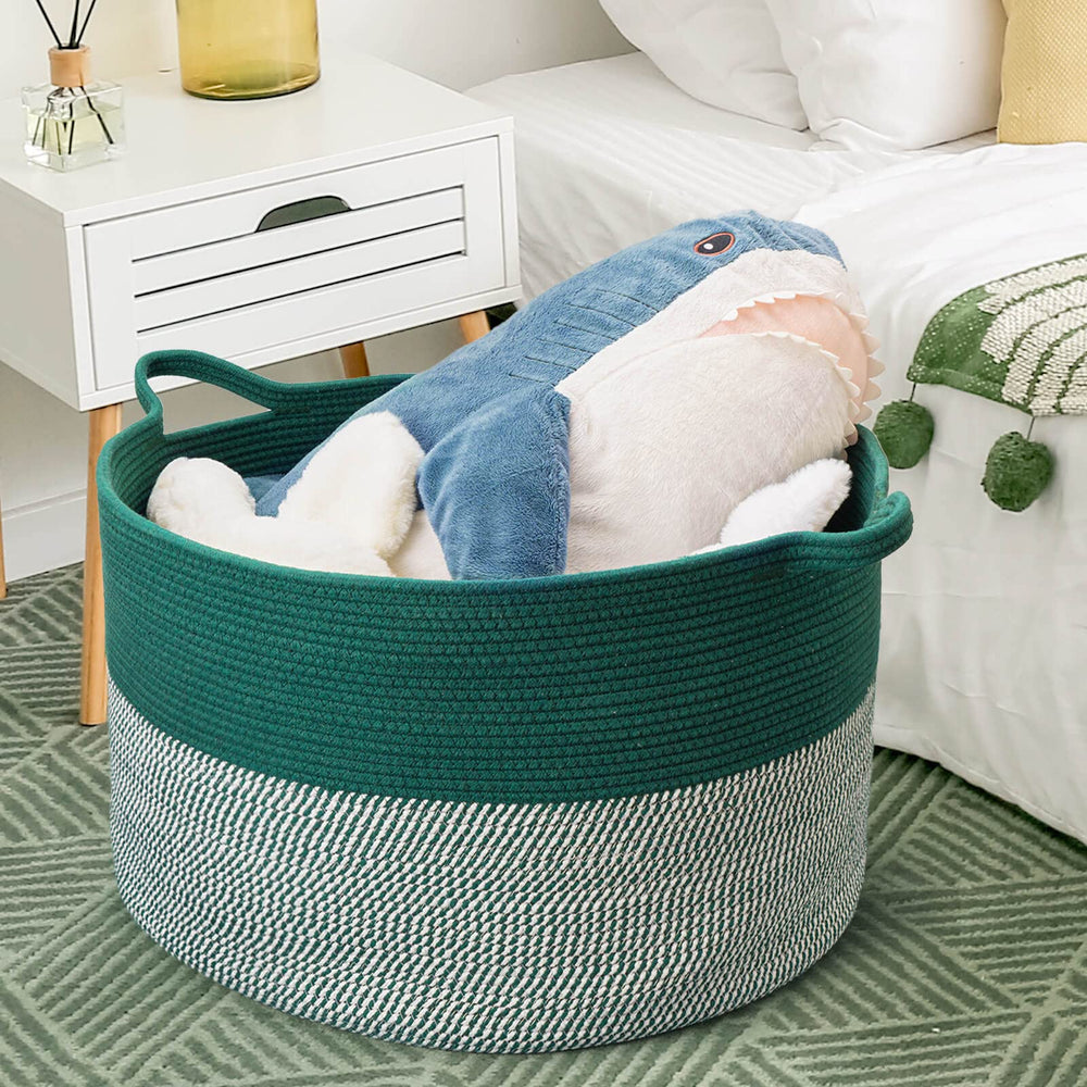 Vazpalas blanket storage rope basket in living room blends with decor while organizing throws.